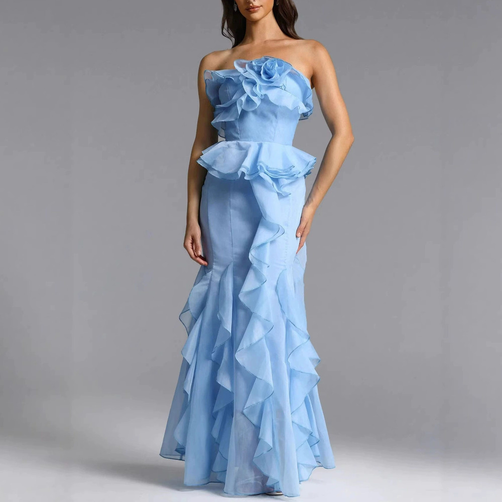 Forever 21 Summer Sky Blue Strapless Ruffle Hem Bodycon Elegant Dress